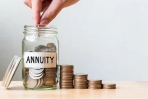 man depositing coin in single premium deferred annuity jar