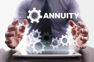 man on tablet with annuity gears