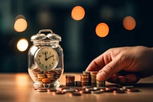 clock in glass jar with coins