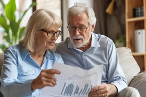 elderly couple with retirement fund growth chart an elderly couple reviewing a graph showing the growth of their retirement fund Ideal for pension plan