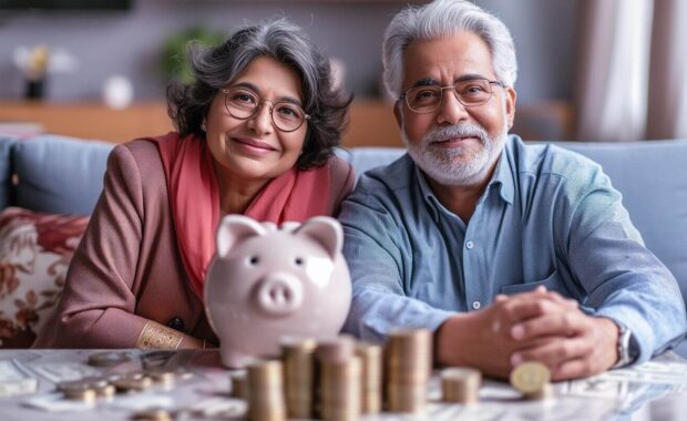 retired Indian couple sitting with their piggy bank,concept for retirement saving