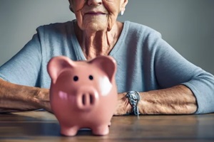 senior woman hand putting coin into piggy bank